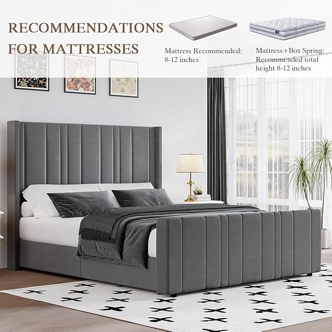 HOMBCK Full Bed Frame with Headboard, Upholstered Platform Bed Full Size with Velvet Headboard & Footboard/Vertical Channel Tufted/Wooden Slats/Noise Free/No Box Spring Needed/Easy Assembly, Grey