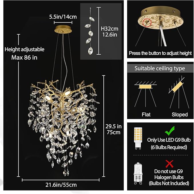 Modern Gold Crystal Tree Branches Chandelier,21 Inchs 6 Lights Modern Round K9 Crystal Chandeliers for Dining Room, Bedroom, Living Room, Foyer,Kitchen Island