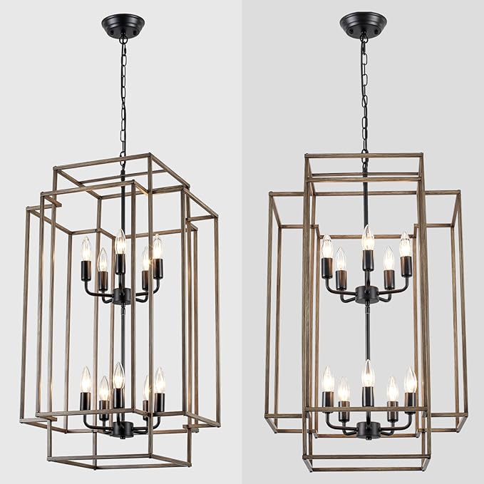 30" Black Farmhouse Chandelier, 10-Light Foyer Lighting Fixtures, Lantern Tiered Pendant Light Fixtures, Metal Wood Grain Finish Rustic High Ceiling Chandelier for Dining Room Entryway Staircase