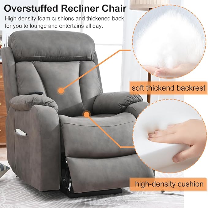 Power Lift Chair Recliners for Elderly, Modern Overstuffed Electric Seniors Recliner Chair with Remote Control Side Pocket for Living Room Bedroom (Dark Grey)