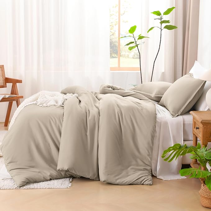 Litanika Khaki Comforter Set Full Size, 3 Pieces Solid Bedding Comforter Set, All Season Down Alternative Bed Set (79x90In Comforter & 2 Pillowcases)