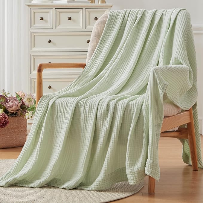 EMME Cotton Blanket Queen Size for Bed Soft Large Muslin Bed Blankets 90"x90" Lightweight Breathable All Season Gauze Blanket, Mint Green