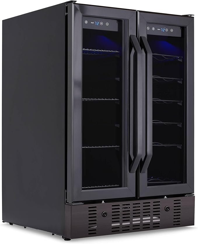 NewAir 24" Dual Zone Wine and Beverage Refrigerator, 18 Bottle & 58 Can, French Door Built-In Fridge with Lock, Black Stainless Steel Cooler, Digital Thermostat, Adjustable Shelves