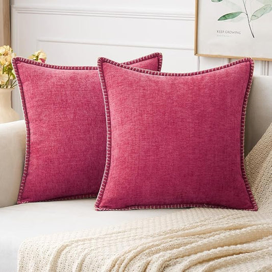 MIULEE Pack of 2 Couch Throw Pillow Covers 18x18 Inch Hot Pink Farmhouse Decorative Pillow Covers with Stitched Edge Soft Chenille Solid Dyed Spring Pillow Covers for Sofa Bed Living Room