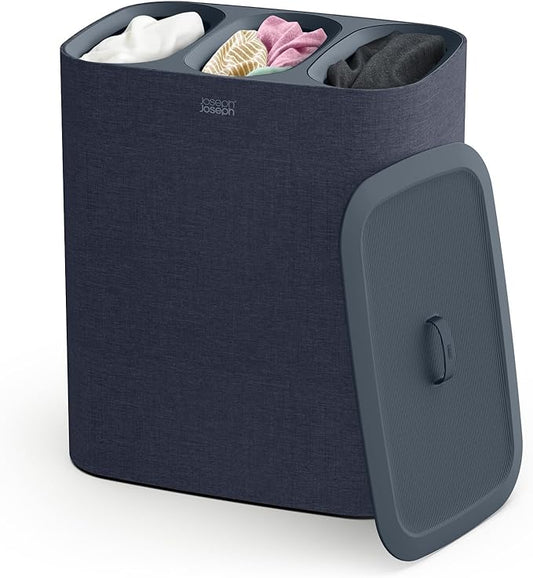 Joseph Joseph Tota Trio 90 liter/23.8 gallon Laundry Hamper Separation Basket with lid, 3 Removable Washing Bags with Handles- Black