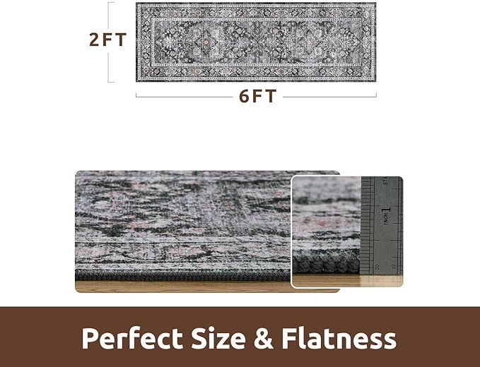 AMOAMI-2X6 Runner Rug-Washable Runners for Hallways-Soft Non Slip Bedside Rugs for Bedroom-Vintage Long Rug for Hallways Entryway Laundry Room Stair Kitchen Bathroom Dark Grey & Black