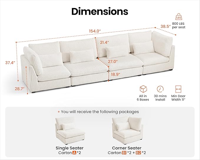 Oversized Modular Sofa, Extra Deep Cloud Corduroy Sectional Couch with Ottoman Chaise, Fluffy Chenille 4 Seater Sofa for Living Room, Villa (Basic 4 Seater, Corduroy White)
