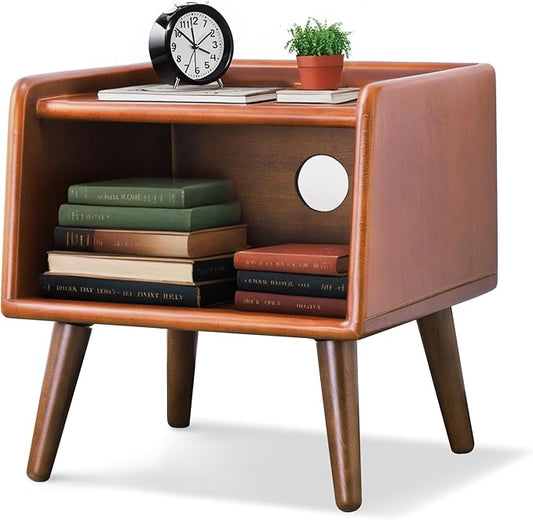 Small Bedside Table - 100% Solid Oak Wood Nightstand with Open Design - Small Side End Table for Bedroom Living Room, Easy Assembly (Walnut Color)