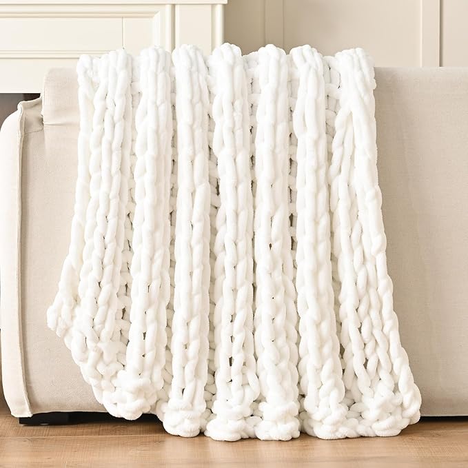 Esterra Chunky Knit Blanket Throw, 100% Handmade Chenille Throw Blanket 50"x60", Soft Thick Yarn Cable Knit Crochet Throw Blanket Rope Knot Throw for Couch Bed Sofa, Bright White