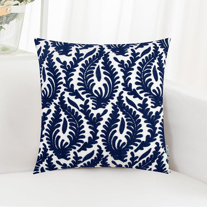 HWY 50 Navy Blue Decorative Throw Pillow Covers 18x18 Inch (1 Piece), Embroidered Cotton Farmhouse Cushion Cover Pillow Case for Sofa Couch Living Room Bed Bedroon, Floral Branches