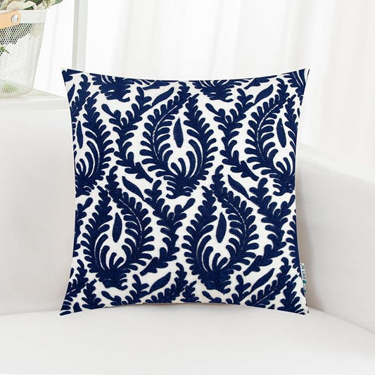 HWY 50 Navy Blue Decorative Throw Pillow Covers 18x18 Inch (1 Piece), Embroidered Cotton Farmhouse Cushion Cover Pillow Case for Sofa Couch Living Room Bed Bedroon, Floral Branches