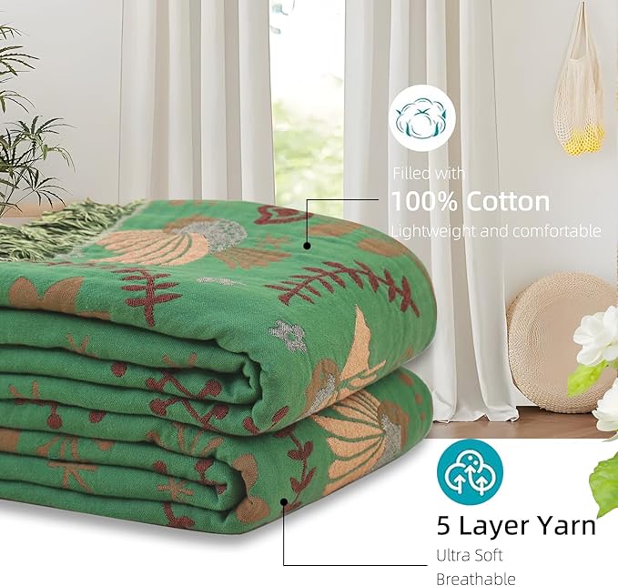 Boho Throw Blanket for Bed, 100% Pure Cotton Ultra Soft Rustic Quilt, Farmhouse Decor Bed Blankets, All Season Rustic Throw for Sofa Couch Chair(80''x 90'', Bird B)