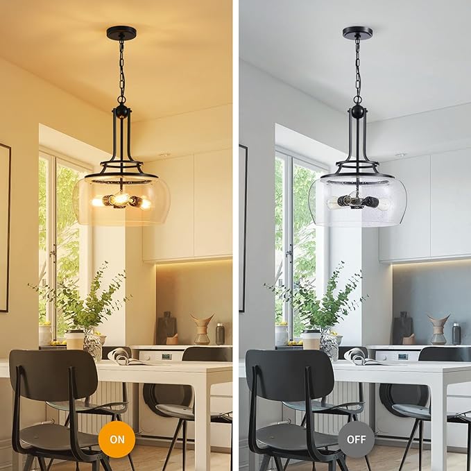 WUZUPS Chandelier Rustic Farmhouse Industrial Round Ceiling Pendant LED Light Fixture Clear Seeded Glass Shade for Dining Room Kitchen Island Foyer Entryway, H 20.9" x W 15.9", Black