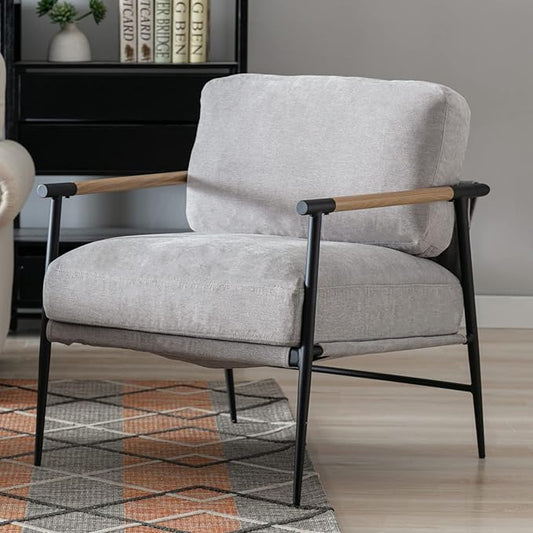 Mid-Century Accent Chair, Soft Armchair Chenille Fabric Lounge Chair with Black Metal Legs, Upholstered Leisure Chair for Living Room Bedroom Reception Room, 1PC, Grey