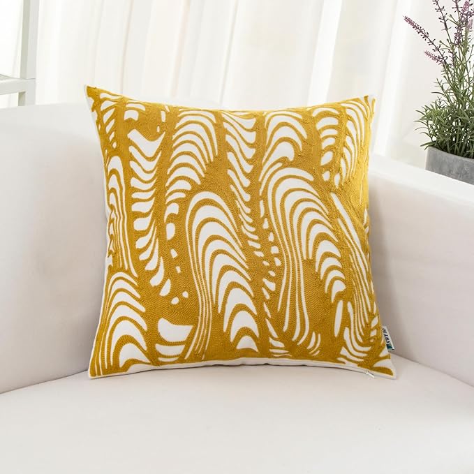 HWY 50 Yellow Decorative Throw Pillow Covers 18x18 Inch (1 Piece), Embroidered Cotton Farmhouse Cushion Cover Pillow Case for Sofa Couch Living Room Bed, Texture