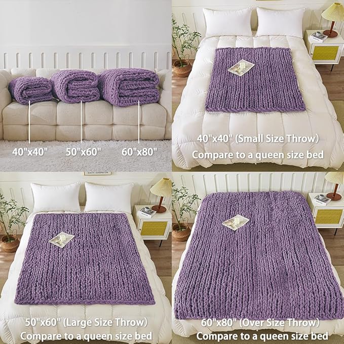 WESHIONGOO Chunky Knit Blanket Throw 40"×40" Knitted Throw Blankets for Couch Bed Fluffy Soft Blanket with Jumbo Chenille Yarn Thick 100% Handmade(Purple)