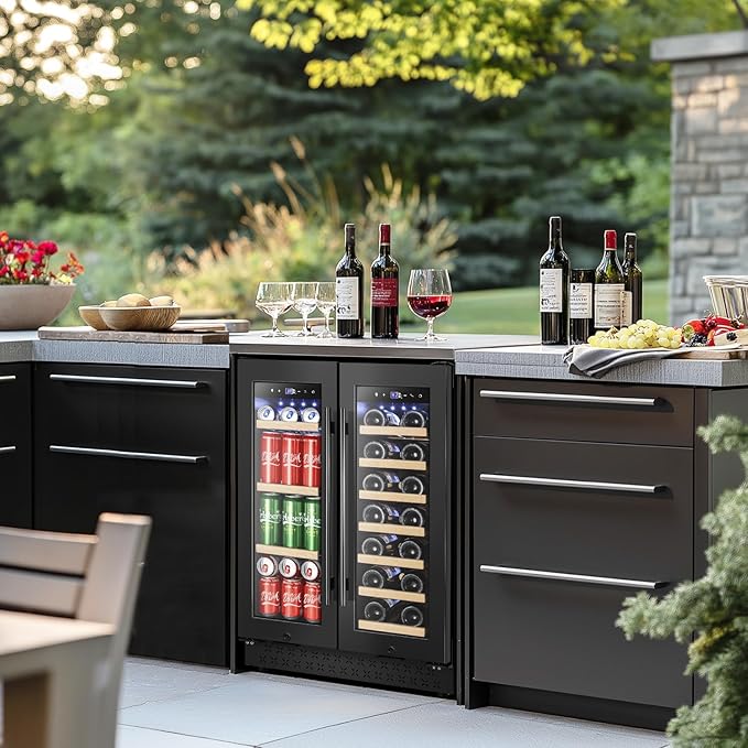 Tylza 24 Inch Wine and Beverage Refrigerator, Dual Zone Wine Beverage Cooler 24" with French Door, Under Counter Wine Beer Fridge Built-In or Freestanding, Holds 20 Bottles and 88 Cans, Black