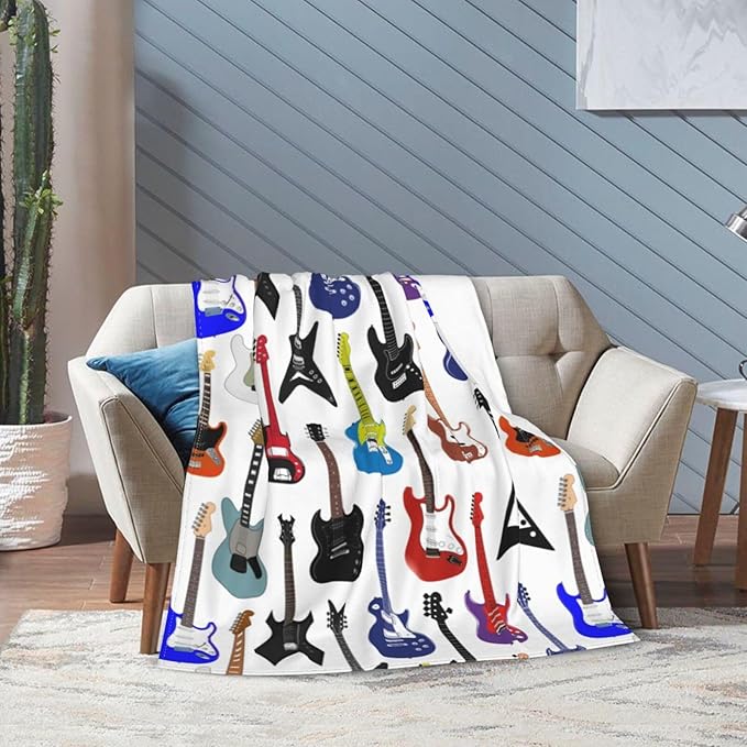 Electric Guitars Pattern Throw Blanket Music Soft Fleece Blanket Men Women Gift for Kids Boys Girls for Party Couch Sofa Bed Deco Blankets 60x50 Inch