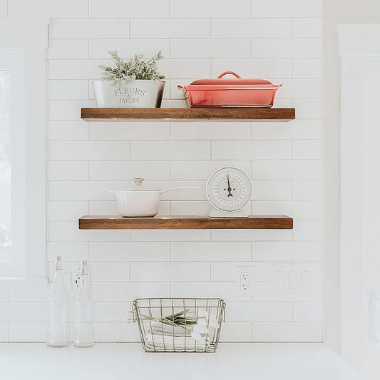 URBANDI, Rustic Floating Shelves, Set of 2, Hidden Bracket, Solid Wood, Heavy Duty, Wall Mounted Shelves, (Provincial, 12Wx6D)