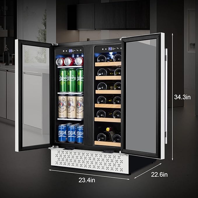 Tylza Wine and Beverage Refrigerator 24 Inch Dual Zone, French Door Wine and Beverage Cooler 24'' Built-In or Freestanding Drink Fridge, Under Counter Beer Refrigerator
