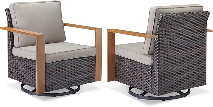 Outdoor Wicker Patio Furniture Set - 5 Piece Patio Conversation Set with 2 Wicker Swivel Rocker Chairs,2 Rattan Ottoman and 1 Couch,Thick Cushions,Deep Seating,Wide Armrest(Brown/Grey)