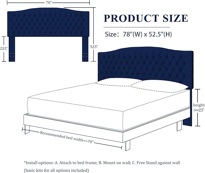 Velvet Upholstered Headboard King/Cal King Size Latest Model Wall Mount, Bed Frame Mount, Featuring High-Density Sponge Padding, Luxury Texture Easy Assembly Comfort and Style-Navy Blue