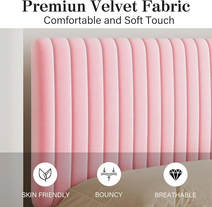 Twin Size Bed Frame, Velvet Upholstered Platform Bed with Vertical Channel Tufted Headboard and Footboard, No Box Spring Required, Easy Assembly, Pink