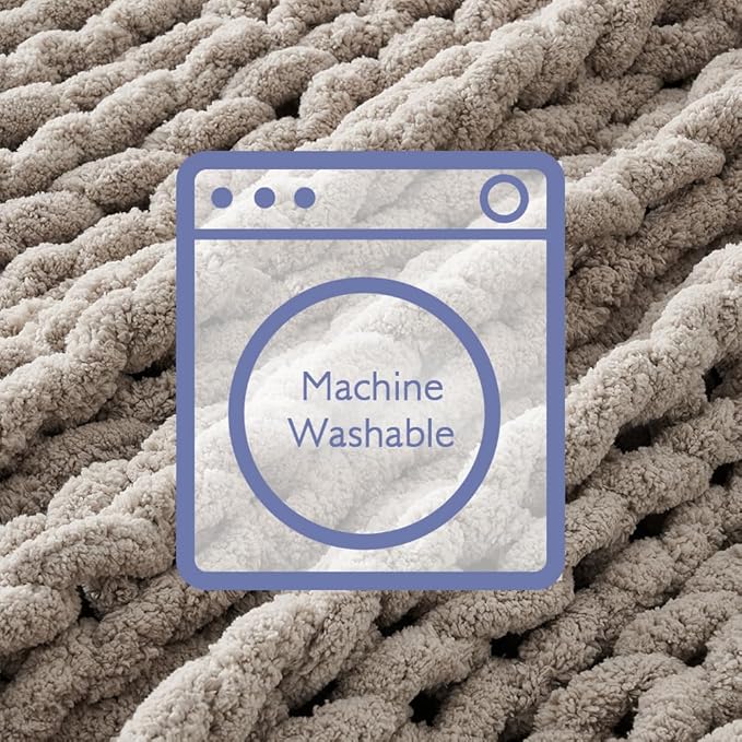 Bigacogo Chunky Knit Throw Blanket for Couch, 40x40 inches, 100% Hand Knitted with Thick Jumbo Chenille Yarn, Cozy Soft Large Rope Knot Cable Crochet Blankets for Sofa Bed Living Room, Taupe