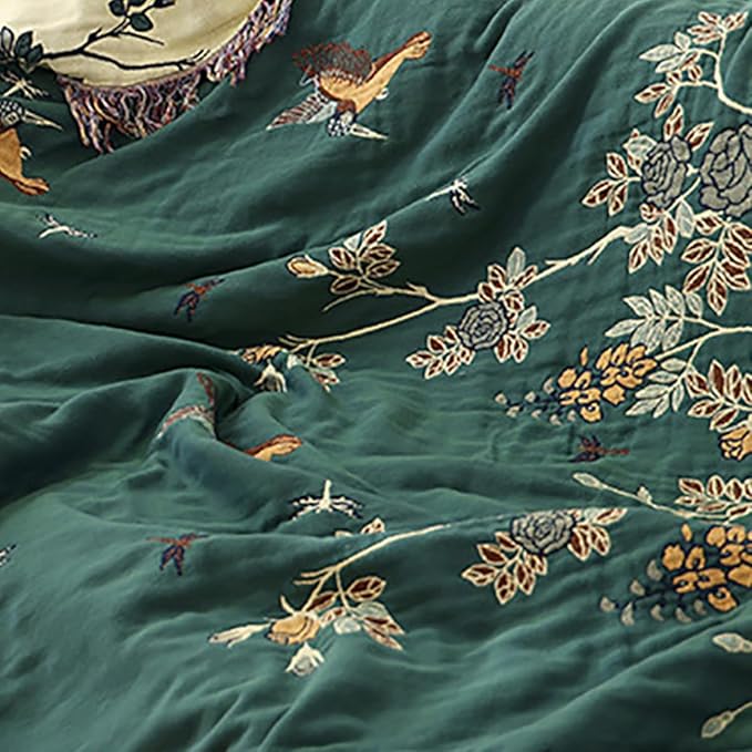 Boho Muslin Blanket for Adults 4-Layer Gauze Twin Size Soft Cozy 100% Cotton Summer Cooling Blanket Floral Decor for Sofa Bed Coverlet Both Sides (Tassels Birds and Floral, 80 x 90 in)