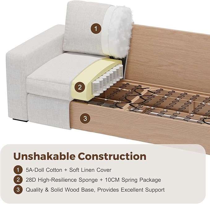 112" Modular Sectional Sofa, Large 7 Seater L Shaped Couch with Detachable Sofa Cover, Movable Ottoman, Deep Seat Corner Couch for Living Room, Apartment - Linen Fabric, Ivory
