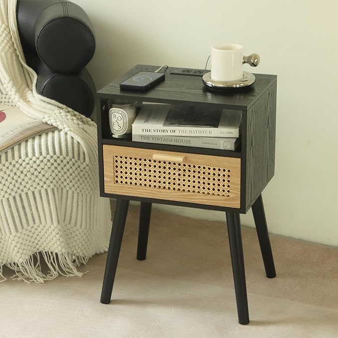 MaxSmeo Mid Century Modern Nightstand with Charging Station, Bedside Tables with Rattan Drawer, Small Wood Nightstand Side Table for Living Room,Bedroom (Black)