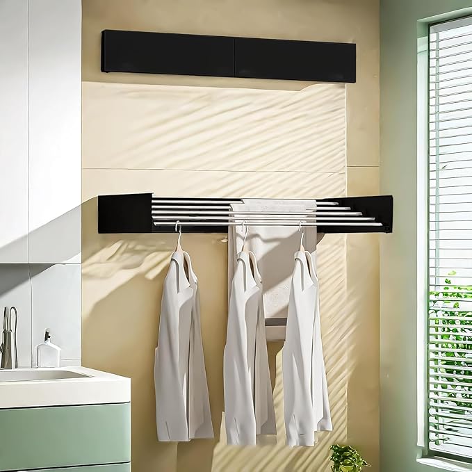 Laundry Drying Rack Collapsible, Wall Mounted Clothes Drying Rack. 39.37" Wide, 19.3 Linear Ft, 5 Aluminum Rods, with Wall Template, Screwdriver Bit (Black 1M)