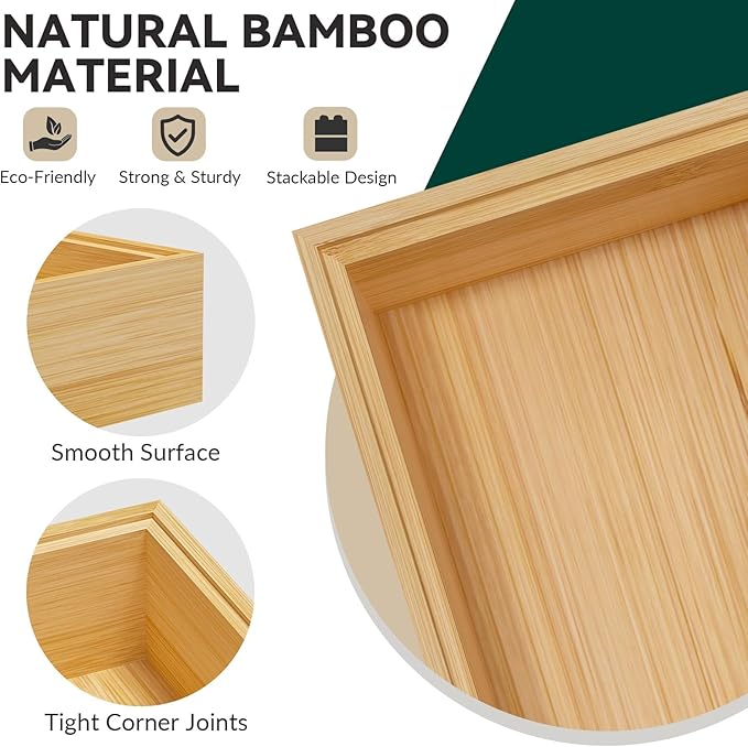Bamboo Drawer Organizer, Small Silverware Organizer for Kitchen Drawer, Stackable Utensil Tray, 2 Pcs Flatware Organizer, Bamboo 6" x 3" x 2" (Outer), 5.3" x 2.3" x 1.77" (Inner)