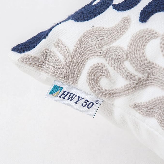 HWY 50 Navy Blue Decorative Throw Pillow Covers 18x18 Inch, Pack of 2 Embroidered Cotton Farmhouse Cushion Cover Pillow Case for Sofa Couch Living Room Bed Bedroon, Accent Geometric