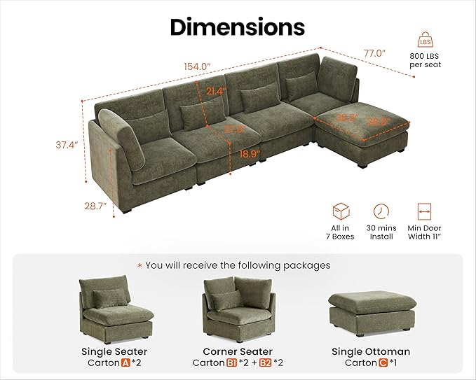 Oversized Modular Sofa, Extra Deep Cloud Chenille Sectional Couch with Ottoman Chaise, Fluffy Chenille 5 Seater Sofa Bed for Living Room, Villa (L Shape 5 Seater, Chenille Green)