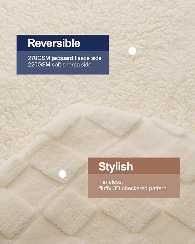 Pawque Super Soft Cozy Throw Blanket Twin Size for Couch Bed, Fluffy Sherpa Fleece Reversible Thick Warm Fuzzy Blanket for All-Season, 3D Checkered Jacquard Decorative Blanket, Cream White, 60" x 80"