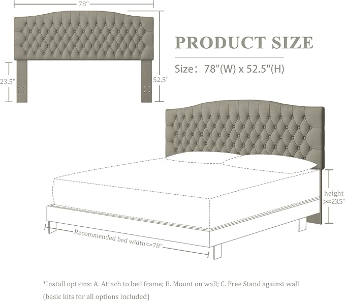 Velvet Upholstered Headboard King/Cal King Size Latest Model Wall Mount, Bed Frame Mount, Featuring High-Density Sponge Padding, Luxury Texture Easy Assembly and Style-Taupe
