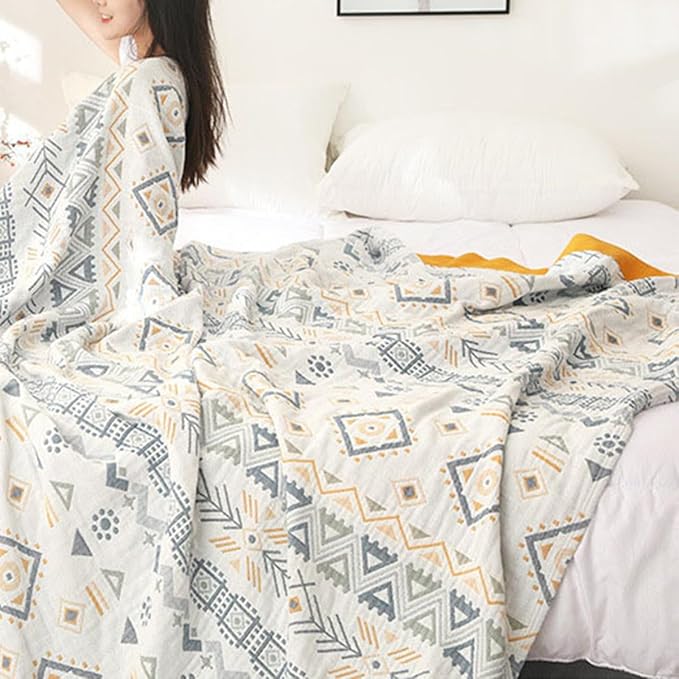 Boho Muslin Blanket for Adults 4-Layer Gauze Twin Size Soft Cozy 100% Cotton Cooling Blanket Geometric Farmhouse Decor for Sofa Bed Coverlet Both Sides (Boho-G-Yellow, Twin 60 x 80 in)