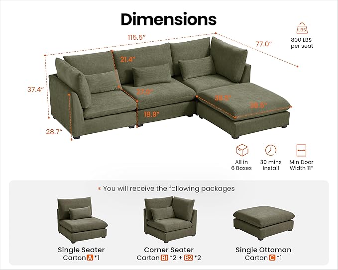 Oversized Modular Sofa, Extra Deep Cloud Chenille Sectional Couch with Ottoman Chaise, Fluffy Chenille 4 Seat L-Shaped Sofa for Living Room, Villa (L Shape 4 Seater, Chenille Green)