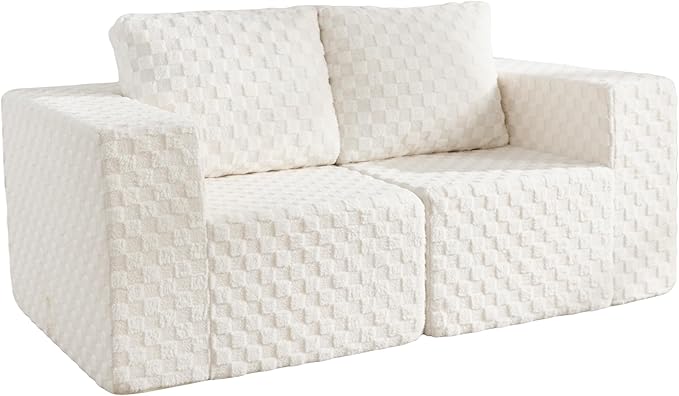 Modular Sectional Sofa 2 Seater Loveseat Modular Couch with Deep Seat Memory Foam Cloud Chair with Pillows Oversized Sectional Sofa for Living Room Bedroom (Plush White, Loveseat)