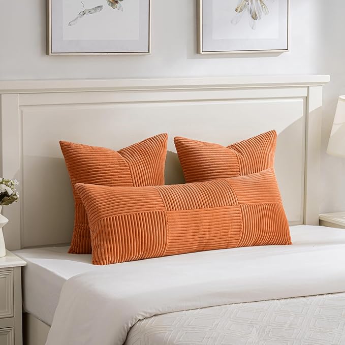 Fancy Homi Set of 2 Orange Boho Long Lumbar Body Decorative Throw Pillow Cover 14x36 Inch for Bed Couch Bedroom Bench, Soft Patchwork Corduroy Textured Pillow Case, Rustic Farmhouse Room Décor