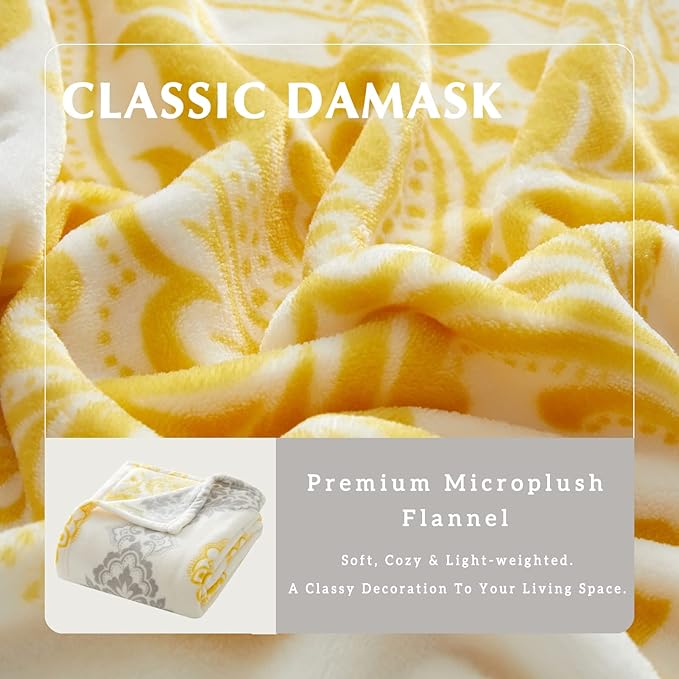 CASAAGUSTO Boho Throw Blanket - Yellow and Gray Damask Decorative Blankets with Tassel, Printed Flannel Bohemian Blanket for Chair, Bed, Sofa, Couch(50 * 60, Yellow and Gray Damask)