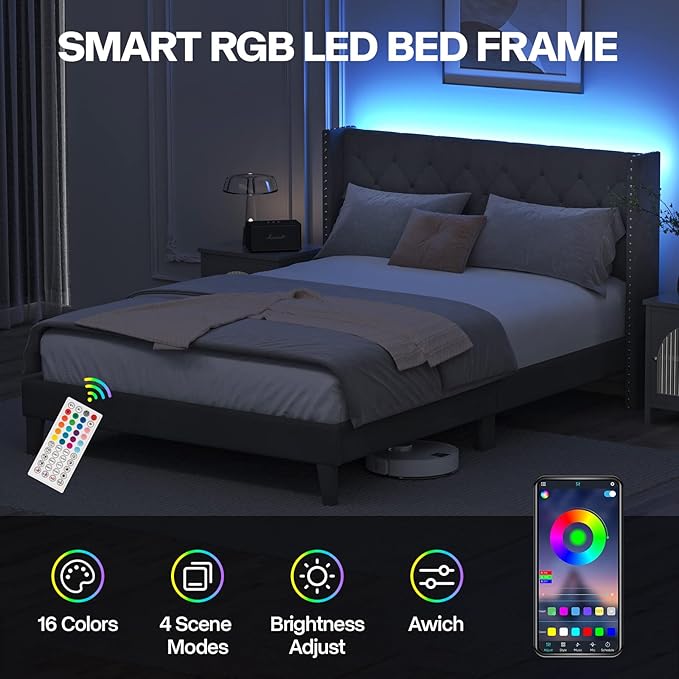 King Size Bed Frame with LED Lights, Upholstered Bed Frame with Wingback Diamond Tufted Headboard, Wood Slats Support, Noise-Free, Easy Assembly, No Box Spring Needed, Grey
