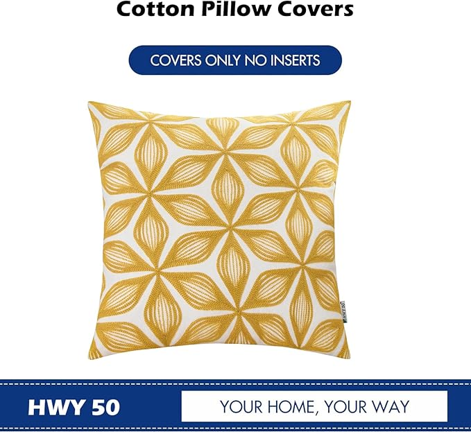 HWY 50 Yellow Decorative Throw Pillow Covers 18x18 Inch (1 Piece), Embroidered Cotton Farmhouse Cushion Cover Pillow Case for Sofa Couch Living Room Bed, Fashion Geometric