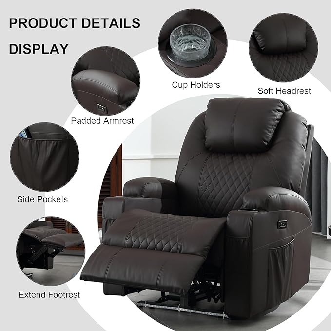 Power Recliner Chair with Heat and Massage, PU Leather Home Theater Seating with LED Lights/Cup Holders/Side Pocket/USB Port, Reclining Sofa Chair for Living Room(2, Brown)