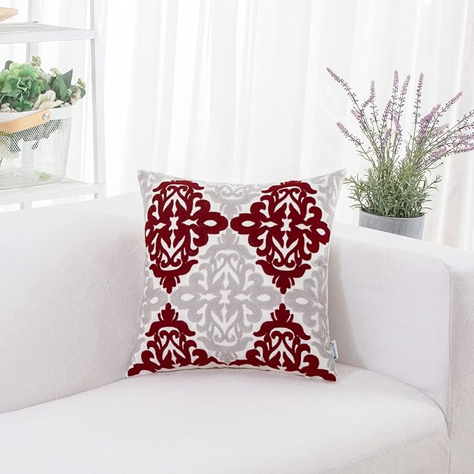 HWY 50 Burgundy Red Decorative Throw Pillow Covers 18x18 Inch, Pack of 2 Embroidered Cotton Farmhouse Cushion Cover Pillow Case for Sofa Couch Living Room Bed Bedroon, Accent Geometric