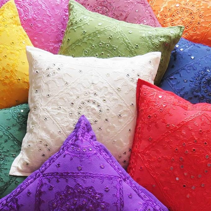 Eyes of India Embroidered Decorative Boho Throw Pillow Cover with Mirrors, Handmade Bohemian Accent Cushion Case for Sofa Couch Bedroom Living Room (Green, 24" x 24")