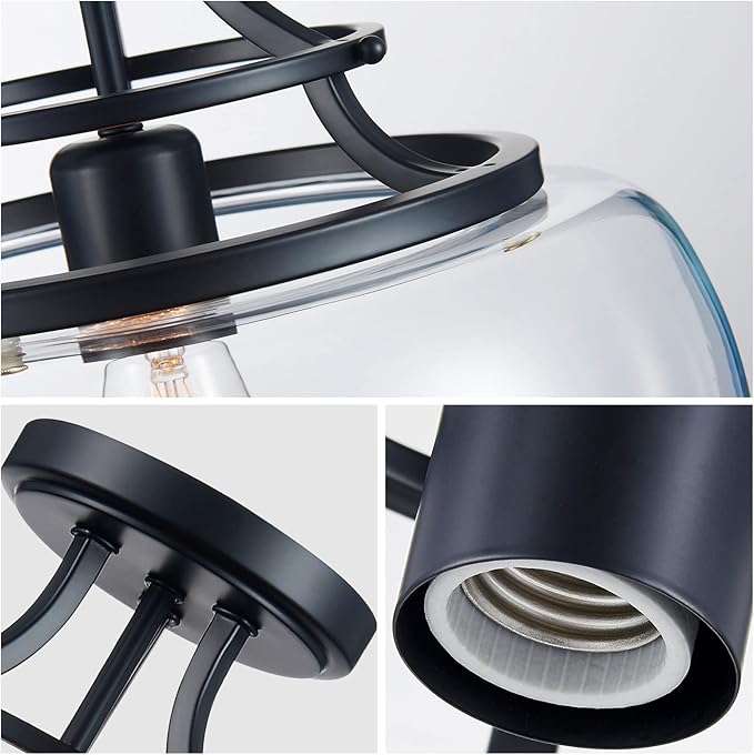 WUZUPS Chandelier Rustic Farmhouse Industrial Round Semi-flushmount Ceiling LED Light Fixture with Clear Glass Shades for Bathroom Kitchen Foyer Entryway, H 11.8" x W 13.4", E26 Base, Black