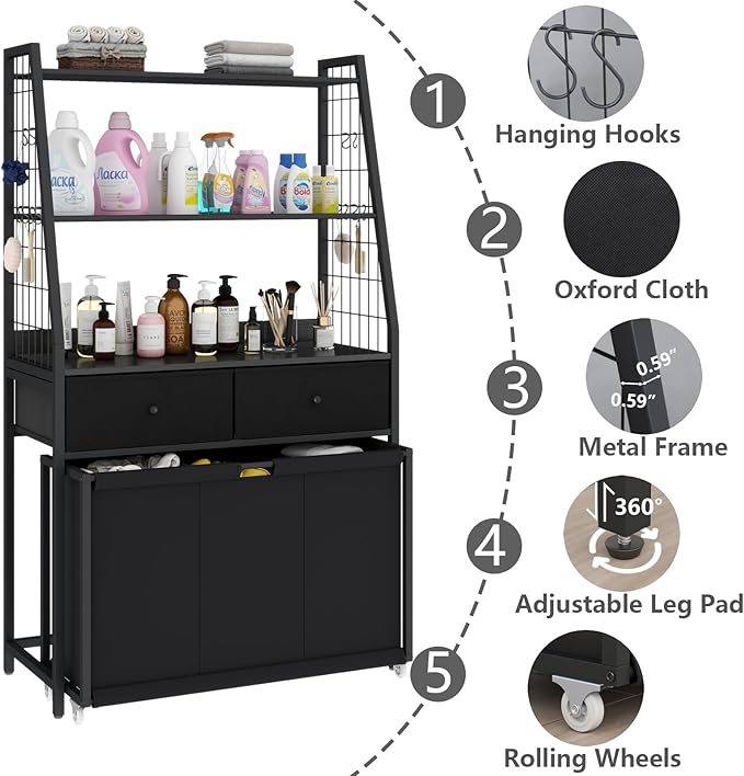 Laundry Hamper Laundry Basket with 3 Section Pull-Out Rolling Bags & 2-Tier Storage Shelf, Laundry Sorter for Organization and Storage with 2 Drawers for Laundry Room, Bathroom