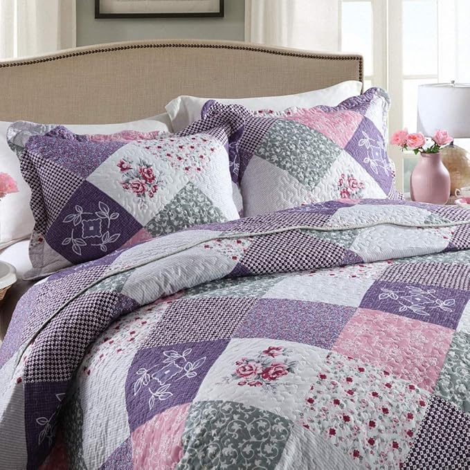 NEWLAKE Quilt Bedspread Sets-Floral Checkered Pattern Reversible Coverlet Set,Queen Size